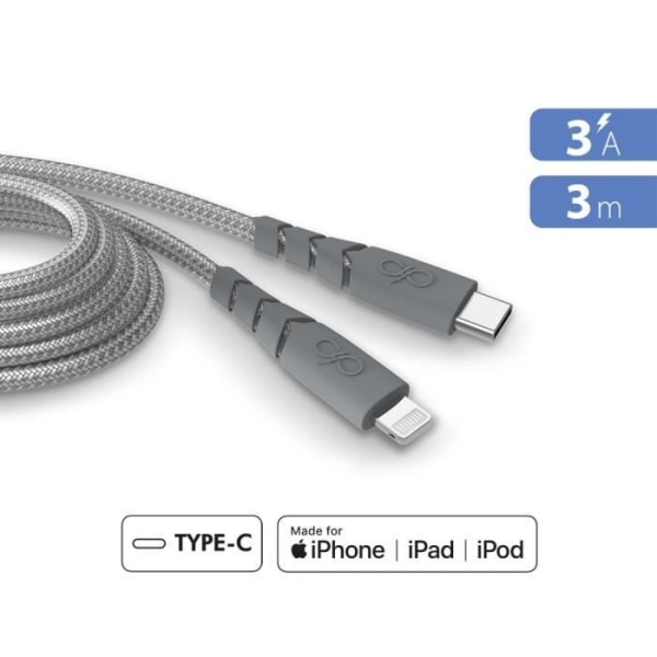 Mobiltelefonkabel Force Power Cable Ultra Forstærket USB-C/Lightning 3m Genbrugsgrå