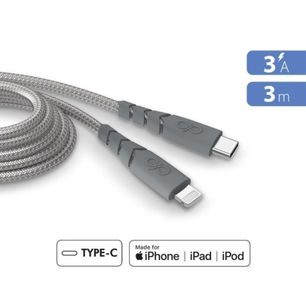Ultraförstärkt kabel USB C/Lightning 3m 3A Livstidsgaranti Grå - 100 % återvunnen plast Force Power