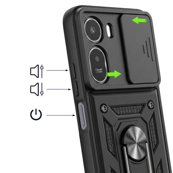 Cover til Redmi A7 Pro med Støtte Ring og Skydelåg til Kamera Sort Svart