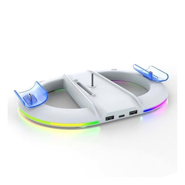 Stativ för vertikallast RGB - iPega - PS5 / PS5 Slim / PS5 Pro - 2 kontroller - 3 USB-portar - Stabil design Vit