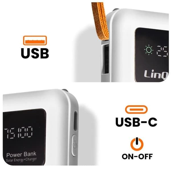 Solbatteri - LINQ - 15000mAh - Mikrousb-, Lightning-, USB C-kablar - Kompakt - Praktisk Vit