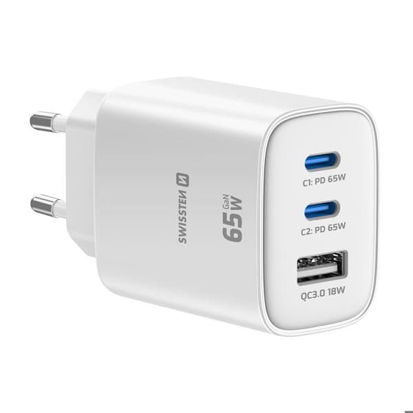 Lader 2 USB-C 65W Power Delivery og USB-A Quick Charge 3.0 18W Swissten Hvid Vit