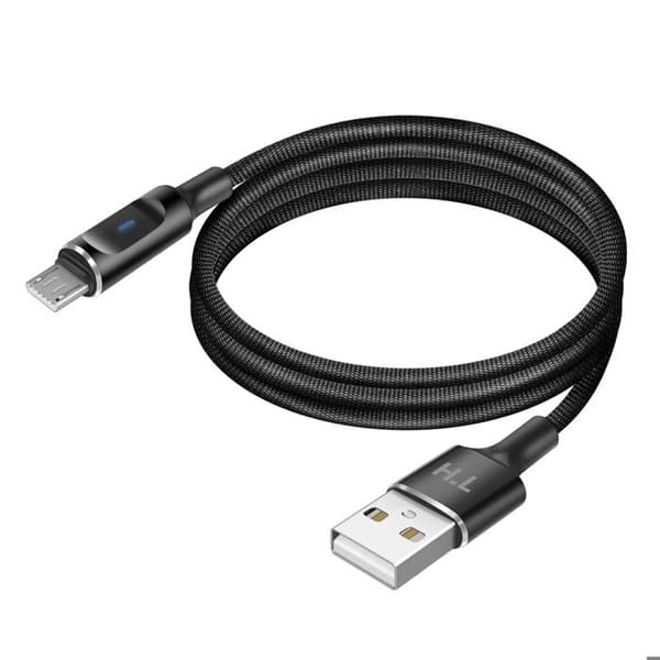 USB-A till Micro-USB-kabel med LED och stabil laddning 2,4A, flätad nylon, 1,5m svart