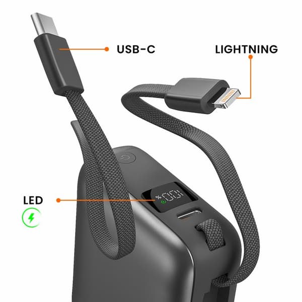 Extern batteri - AKASHI - 10000mAh - Snabb laddning 22.5W - USB-C och Lightning-kablar - LCD-display Grå