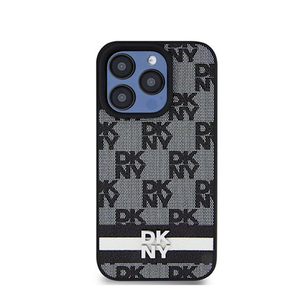 DKNY Monomönster i rutigt läder och tryckta ränder - iPhone 15 Pro Max-fodral (svart)