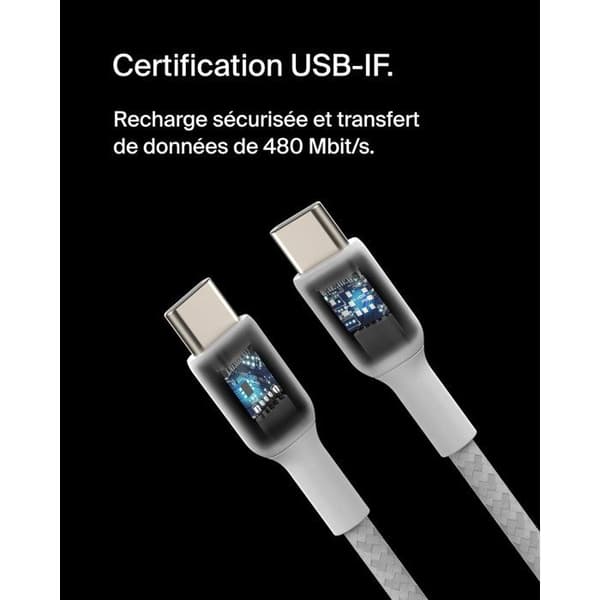 Flätad kabel - BELKIN - USB-C till USB-C - 2 m - Vit Vit