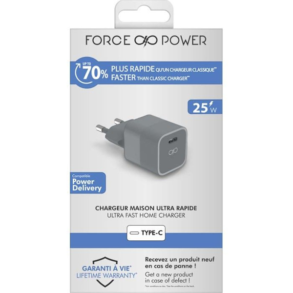 Hjemmeoplader 25W Strømforsyning Livsgaranteret Grå - 100 % genanvendt plastik Force Power
