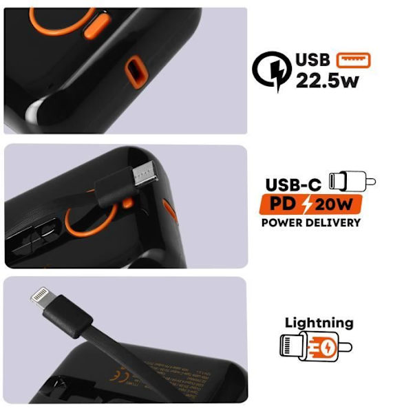 Powerbank 15000mAh USB-port 22,5W USB-C och Lightning-kablar LinQ LED-skärm Svart