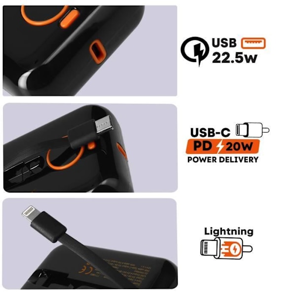 Powerbank 15000mAh USB-port 22,5W USB-C og Lightning-kabler LinQ LED-skærm Sort