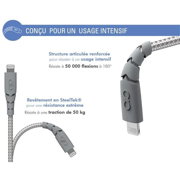 Mobiltelefonkabel Force Power Cable Ultra Förstärkt USB-A/Lightning 3m Recycle Grey