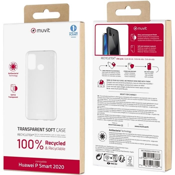 MUVIT FOR CHANGE Recycletek Transparent blød: Huawei P Smart 2020 Grå