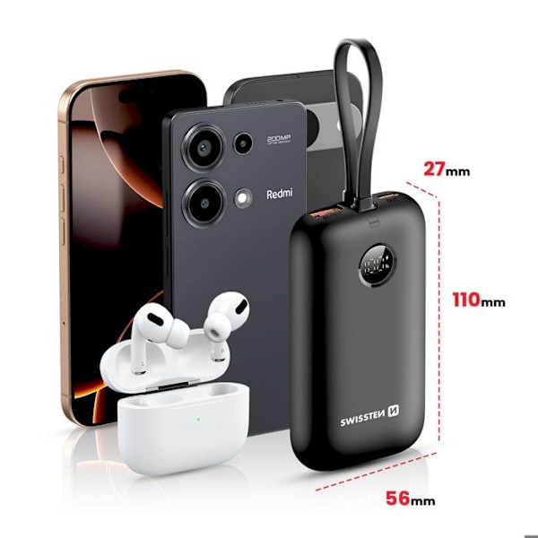 Batteri Ekstern 10000mAh Indbyggede USB-C og Lightning Kabler LED Skærm Swissten Sort Svart