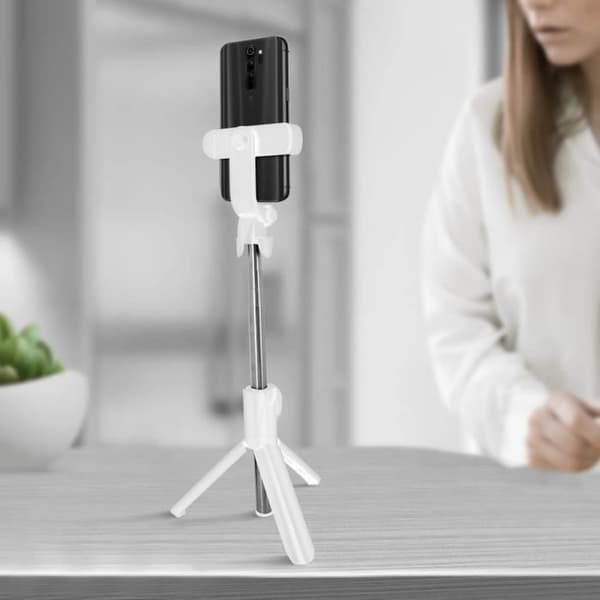 Selfie Stick med stativ Bluetooth-fjärrkontroll förlängbar arm 68cm - Vit
