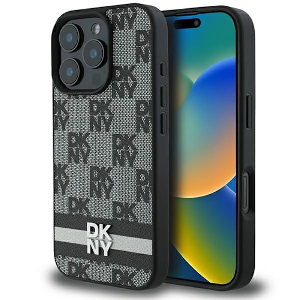iPhone 16 Pro Max - DKNY:n kovakotelo ruutukuviolla ja painetulla raidalla (DKHCP16XPCPTSSK) - Musta svart