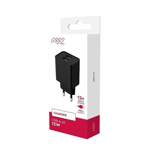 Netoplader med to USB-A porte 12W Myway Sort Svart