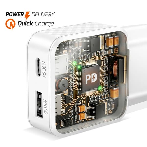 Universal USB-C og USB-A 30W dobbeltport oplader LinQ hvid Vit