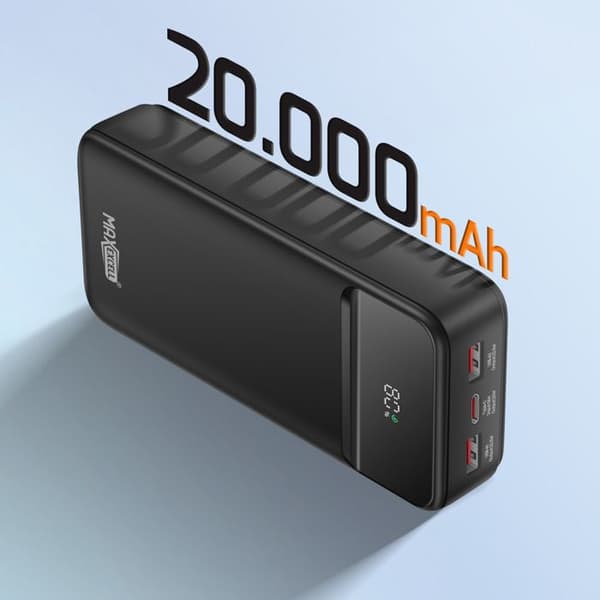 Extern Batteri - MAX EXCELL - 20000mAh - USB-C PD 20W - 2 USB 22.5W - LCD-skärm Svart