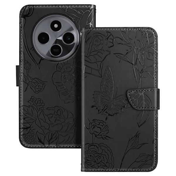 Taske til Xiaomi Redmi 14C Pung Flower Butterfly med håndledsrem Sort Svart