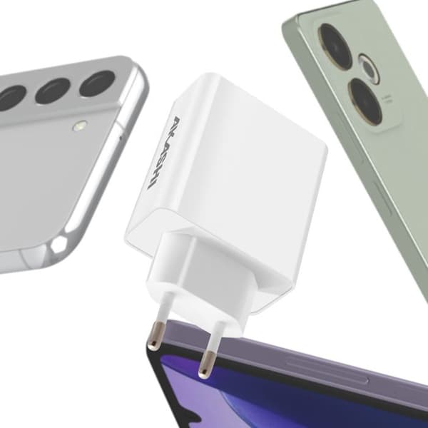 Nätadapter - Akashi - 25W - 4 USB-portar - Snabbladdning - Kompakt design Vit