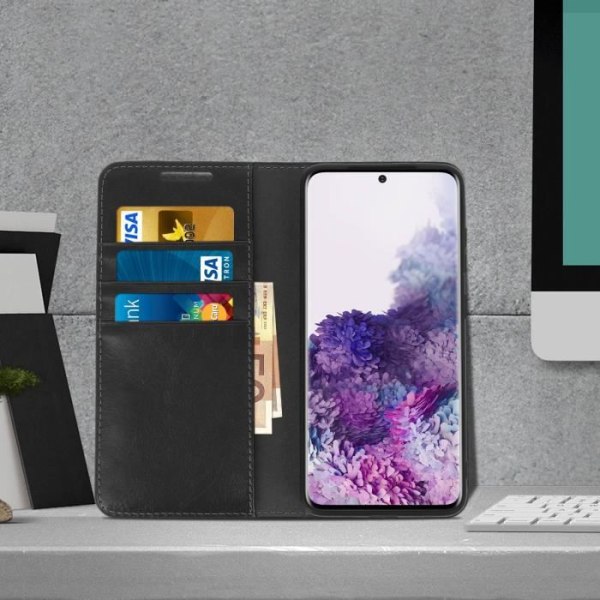 Étui Folio - AVIZAR - Galaxy S20 - Äkta läder - Videostöd - Kortfack Svart
