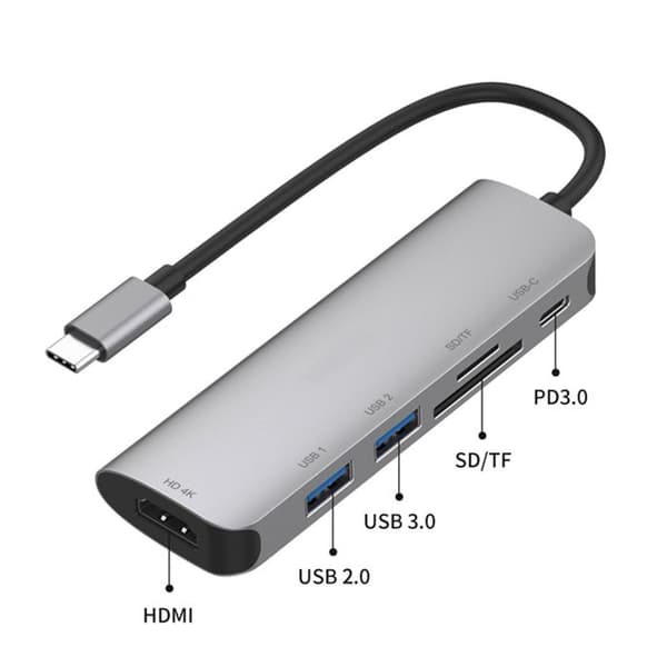 Hub 6en1 HDMI4K SD Micro-SD USB3.0 USB-C til USB Type-C Grå