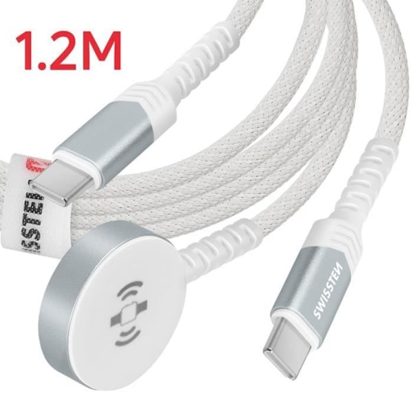 Swissten Apple Watch + USB-C magnetisk opladerkabel - hvid - 2 i 1 - 60W - 1,2 m Vit