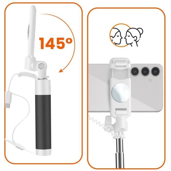 Perche à Selfie - LinQ - Miroir intégré - USB C - 92 cm - Bouton Déclencheur