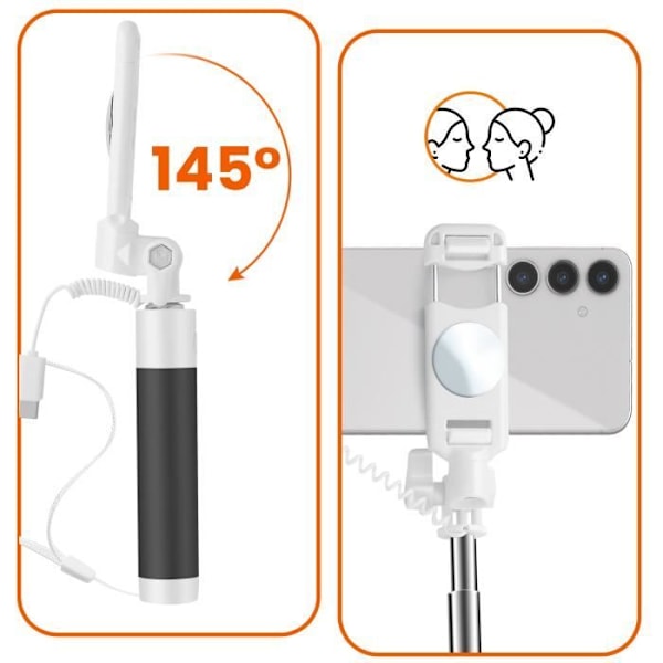 USB C Indbygget Spejl Selfie Stick med LinQ Trigger knap hvid