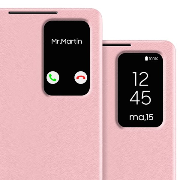 Nahkakotelo Galaxy S25 Ultra -näyttöikkunalla ja korttipaikalla, Vaaleanpunainen Rosa