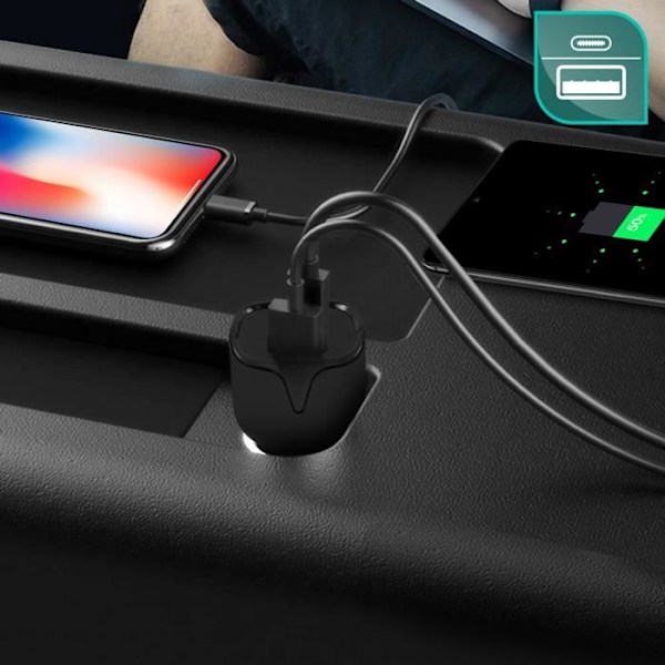 Auton lataaja - Setty - Tupakansytytin - Kaksinkertainen USB- ja USB-C-ulostulo - 2.4A - Ylikuormitussuoja Svart