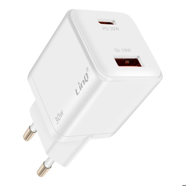 USB-C-laddare Power Delivery 30W + USB 18W Quick Charge 3.0 Kompakt LinQ Vit Vit