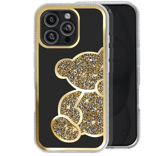 Teddy Bear Case til iPhone 16 Pro Max Rhinestone Pattern Shiny Gold Contour Gul