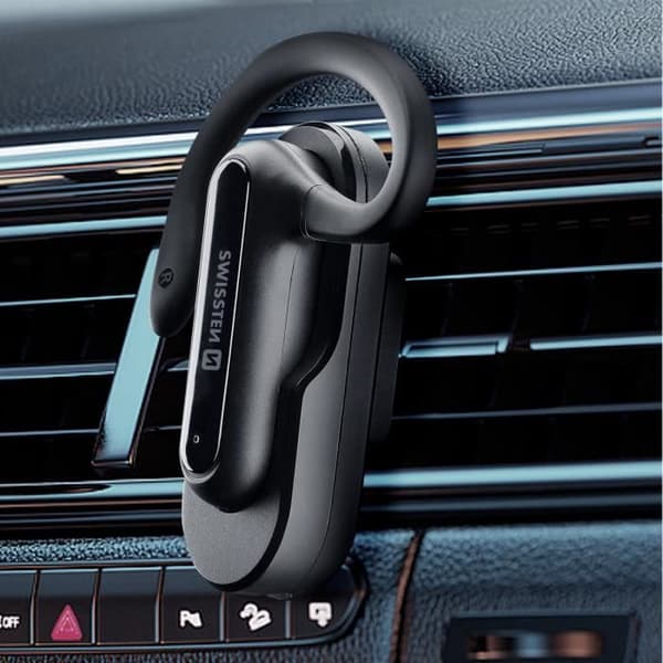 Swissten Dock hörsnäcka Bluetooth-headset, magnetiskt laddningsställ ingår Svart