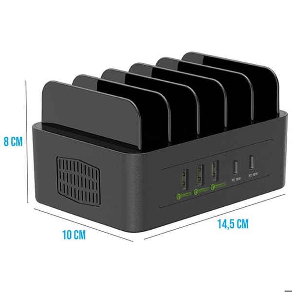 Laddstation 100W med 3 USB och 2 USB-C Kompakt Fläkt Svart Svart