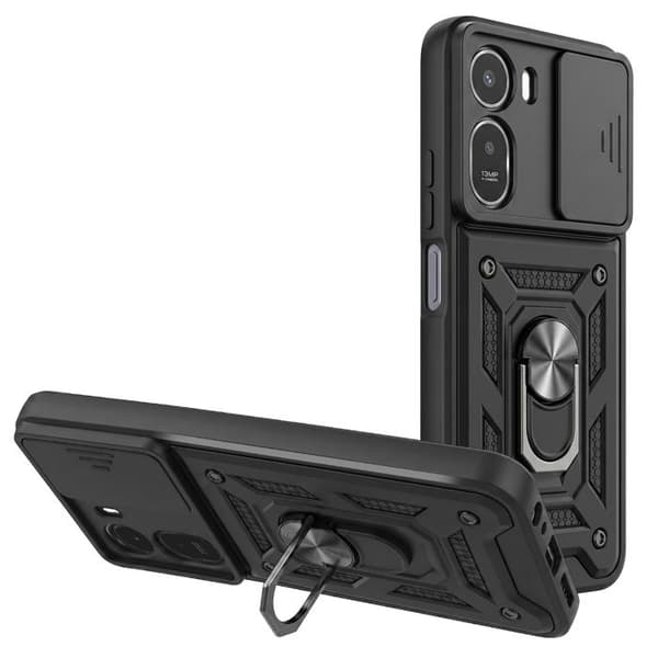 Cover til Redmi A7 Pro med Støtte Ring og Skydelåg til Kamera Sort Svart