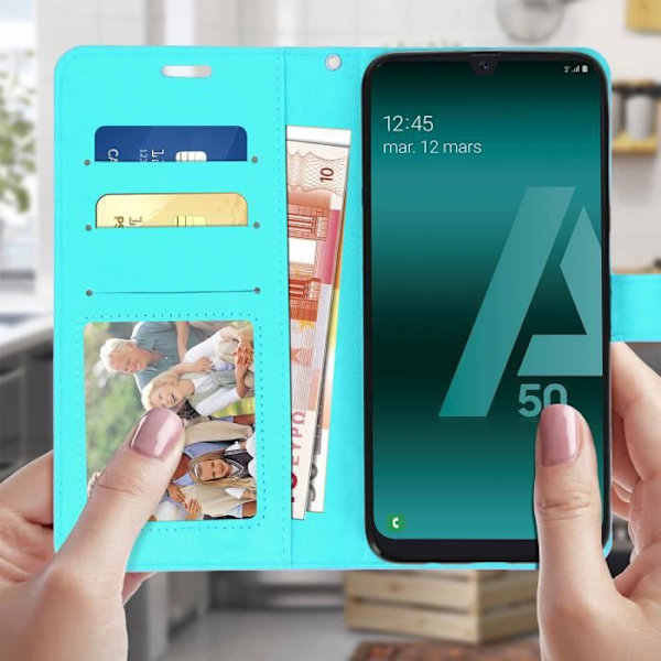 Fodral för Samsung Galaxy A50 - AVIZAR - Plånboksfodral - Ekologiskt läder - Videostöd - Turkosblå Turkos