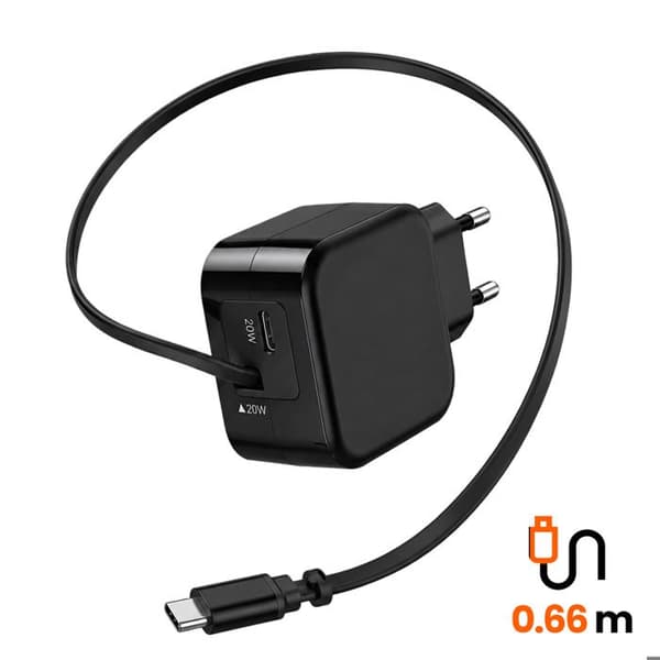 USB-C 20W Lommeoplader med Retractable Kabel og USB-C Port LinQ Sort Svart