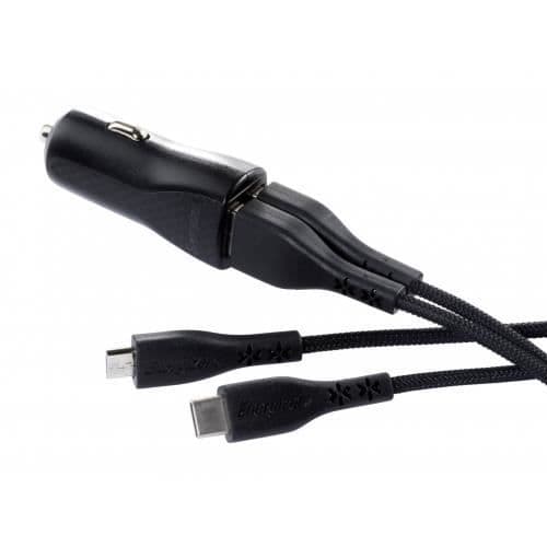 Biloplader - ENERGIZER - 1A - 2 USB-porte - Micro-USB og USB-C kabler inkluderet - Sort Sort