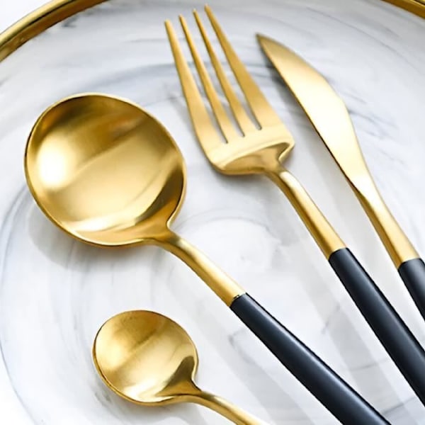 Sæt af Bestik 24 Stykker Elegant til 6 Personer Cheffinger Sort / Guld Svart