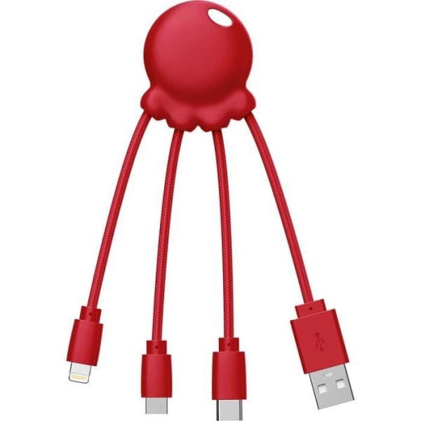 Biologiskt nedbrytbar Octopus-kabel USB A/micro USB &amp; USB C &amp; Lightning 1m Röd Xoopar
