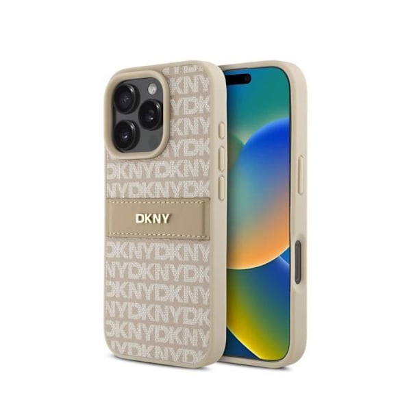 Coque för iPhone 16 Pro Max Repeat Pattern Tonal Stripe med Metalliskt DKNY-logotyp Rosa Vit