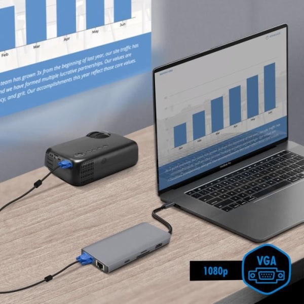 USB-C Hub - Akashi - 9 i 1 - 3x USB - 1x HDMI - 1x VGA - 1x Ethernet - Grå
