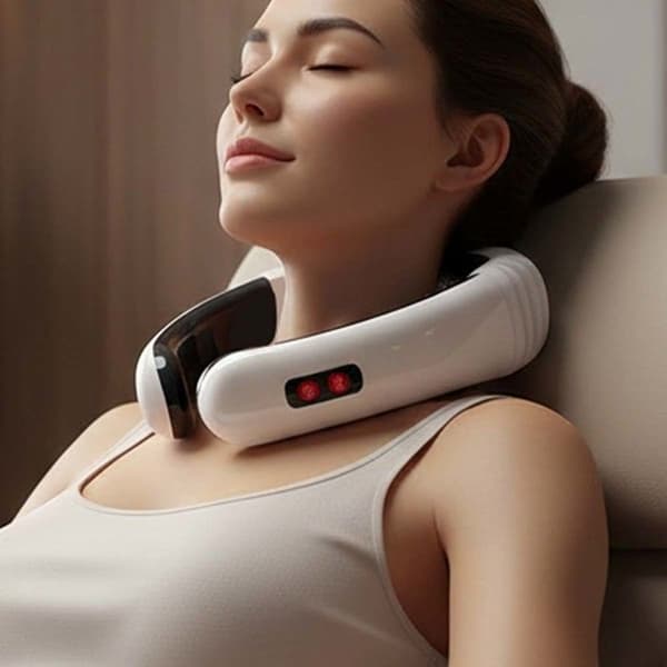 Elastisk nackmassageapparat - AVIZAR - 3D Smart Fit - Elektriska impulser - Magnetisk dragning - Vit Vit