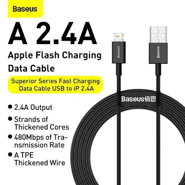 BASEUS 1m hurtigoplade data kabel 2.4A kompatibel med iPhone, sort