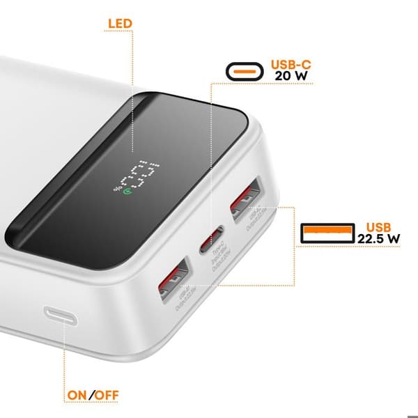 Nødbatteri 20000mAh USB-C PD 20W / 2 USB 22.5W med LCD-skærm Max excell Hvid Vit