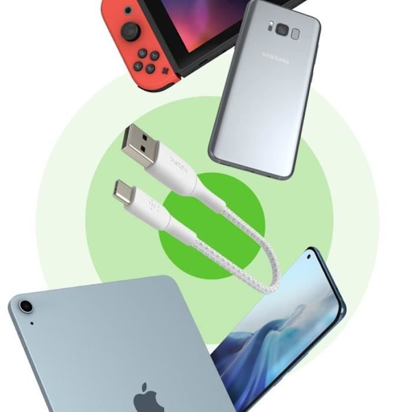 USB till USB-C-kabel 18W Flätad nylon 15cm Charge and Synchro Belkin vit