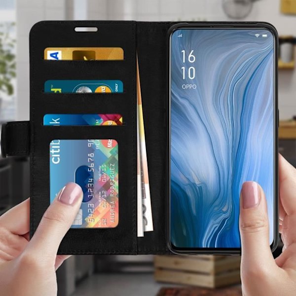 Housse Oppo Reno - AVIZAR - Folio etui - Eco-læder - Videostander - Kortholder sort Svart