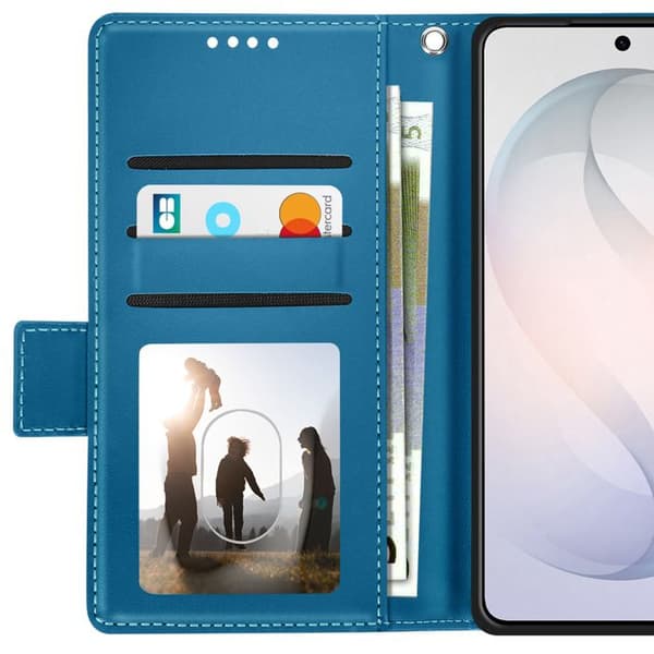Plånboksfodral för Galaxy S26, sydd läderlook med blå handledsrem Blå