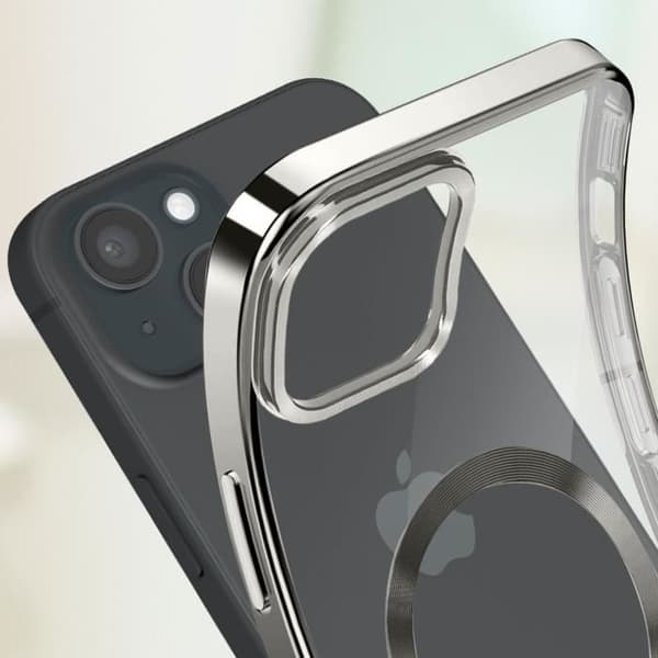 Skyddsfodral - AVIZAR - iPhone 15 - Silikon - Kromad silverkant - MagSafe-kompatibel Grå