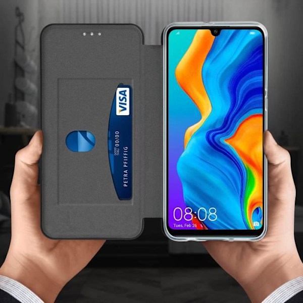 Etui - AVIZAR - P30 Lite/P30 Lite XL - Syntetläder Svart - Kortfack - Videoställning Svart